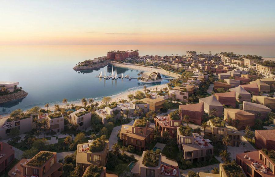 الخليج والشاطئ والمرسى في Mira Coral Bay من الأعلى عند الغروب