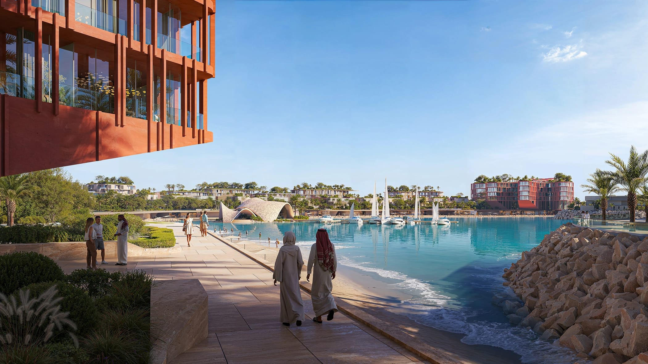 The waterfront promenade and lagoon at Mira Coral Bay