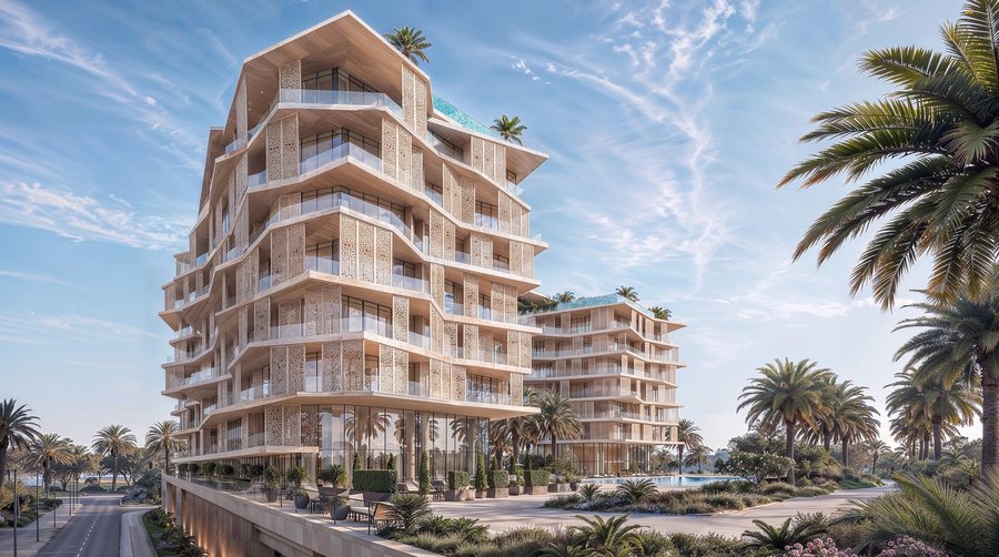 Die Fassade von Richmond Residences in Mira Coral Bay, die Balkone staffeln sich über der Uferlinie zurück