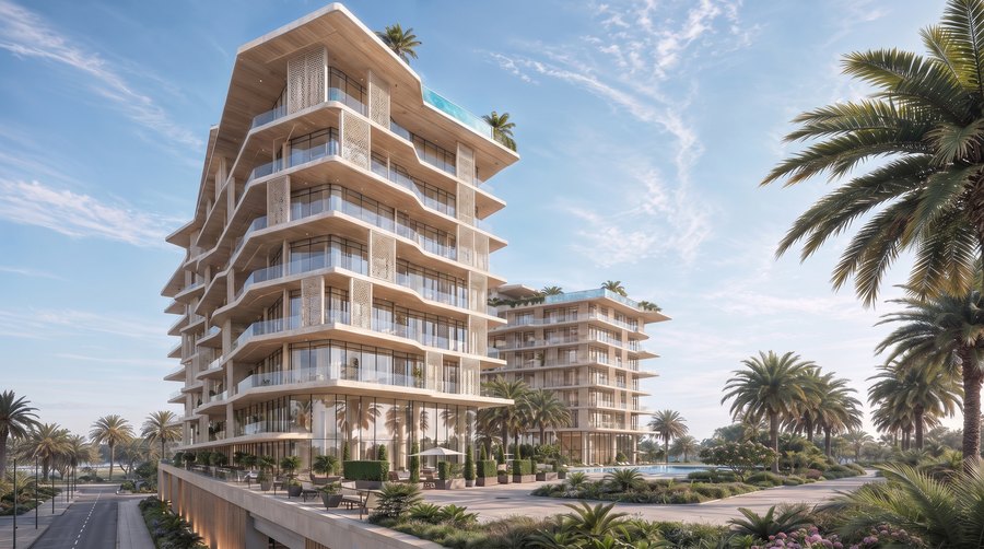 The facade of Richmond Residences at Mira Coral Bay, balconies stepping back above the shoreline