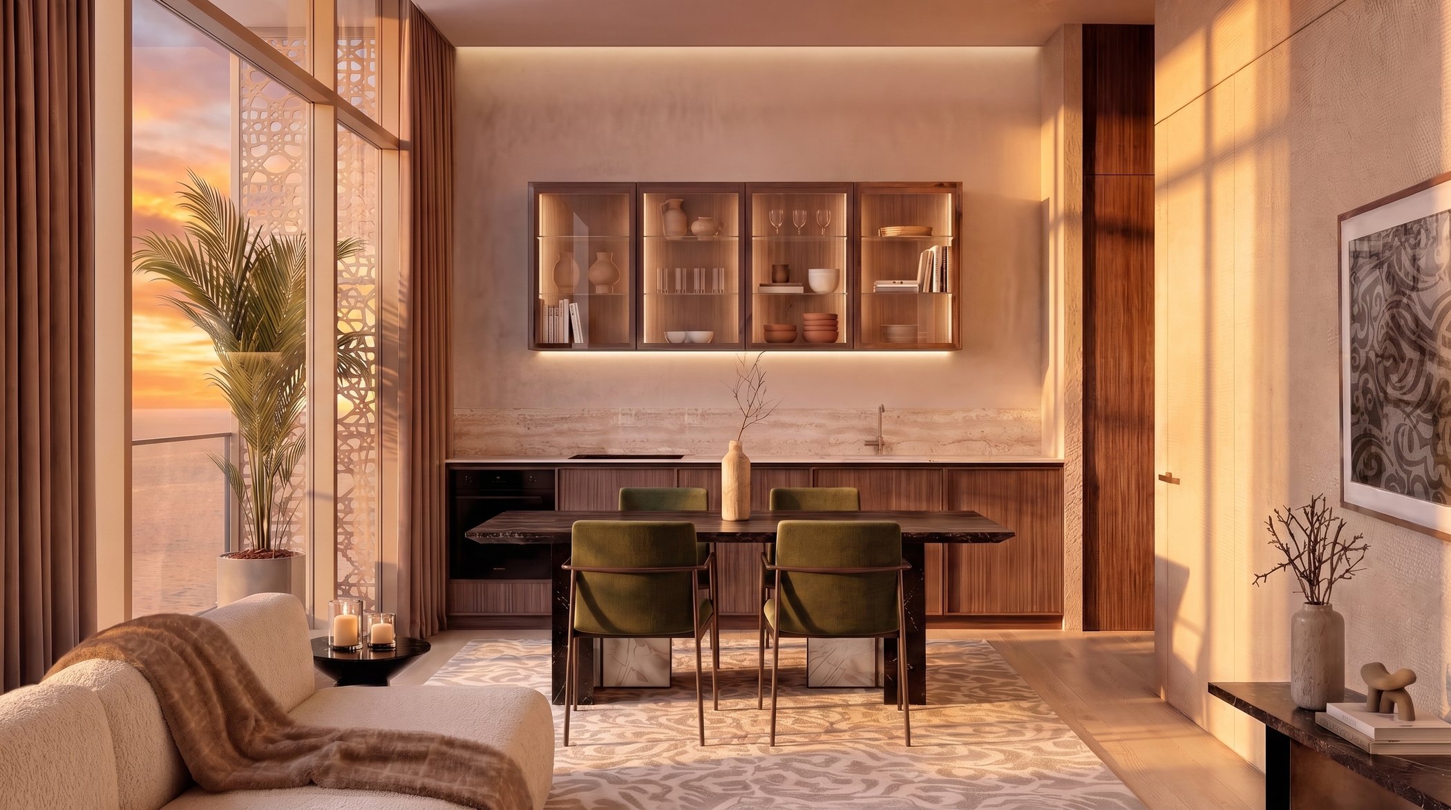 A furnished dining and living area at Richmond Residences at dusk