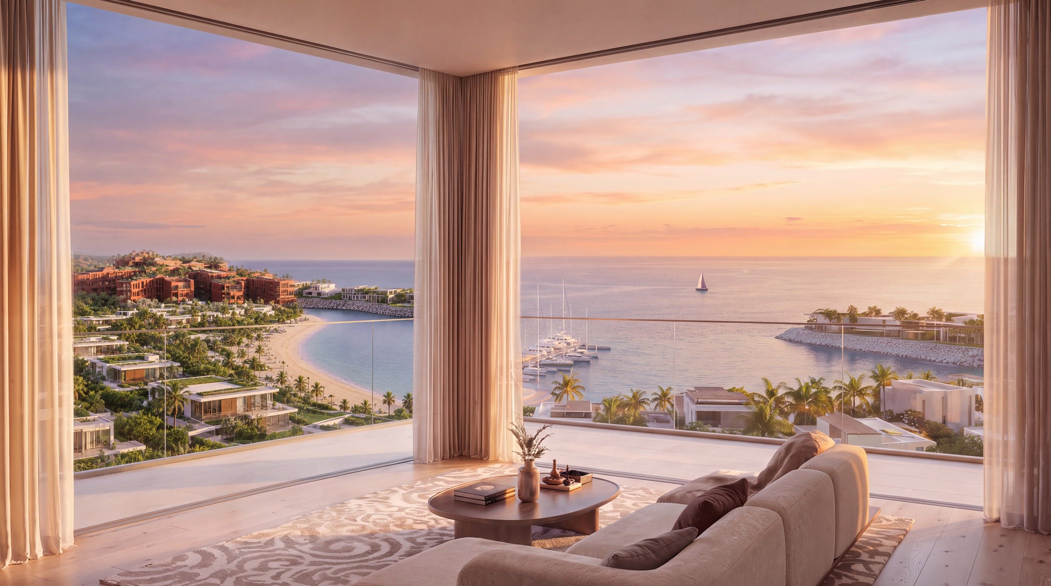 A furnished living room at Richmond Residences looking out over the bay