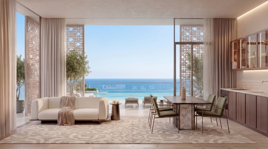 Kitchen and dining space at Richmond Residences with the bay beyond