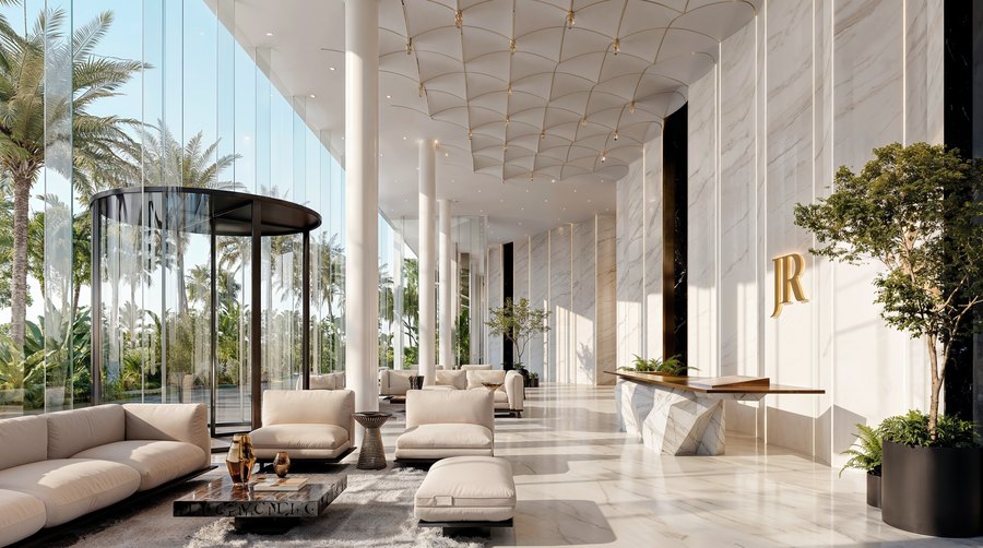 The double-height residents' lobby and lounge at ground level