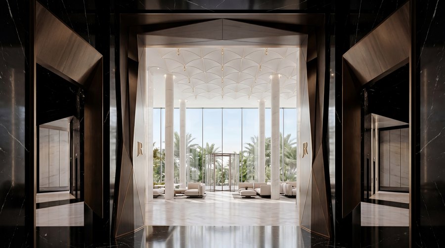 The arrival hall at Richmond Residences looking through to the pool level